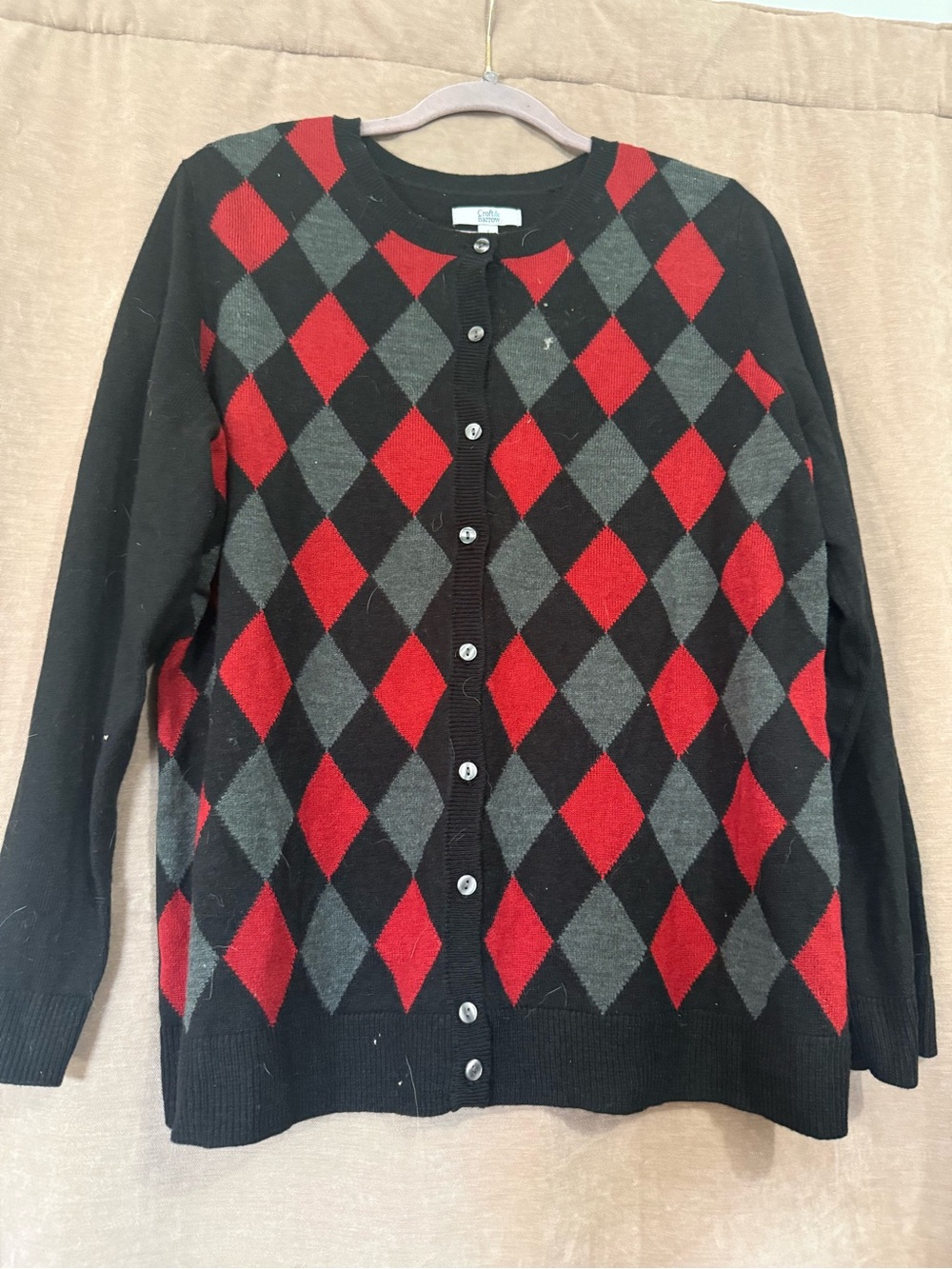 croft & barrow Black Argyle Button-Up Cardigan with Red & Gray Diamonds